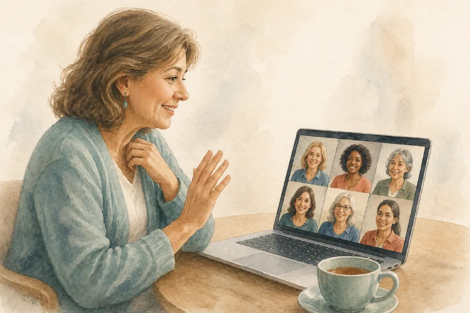 A woman joining a Sisterhood Support meeting online from home